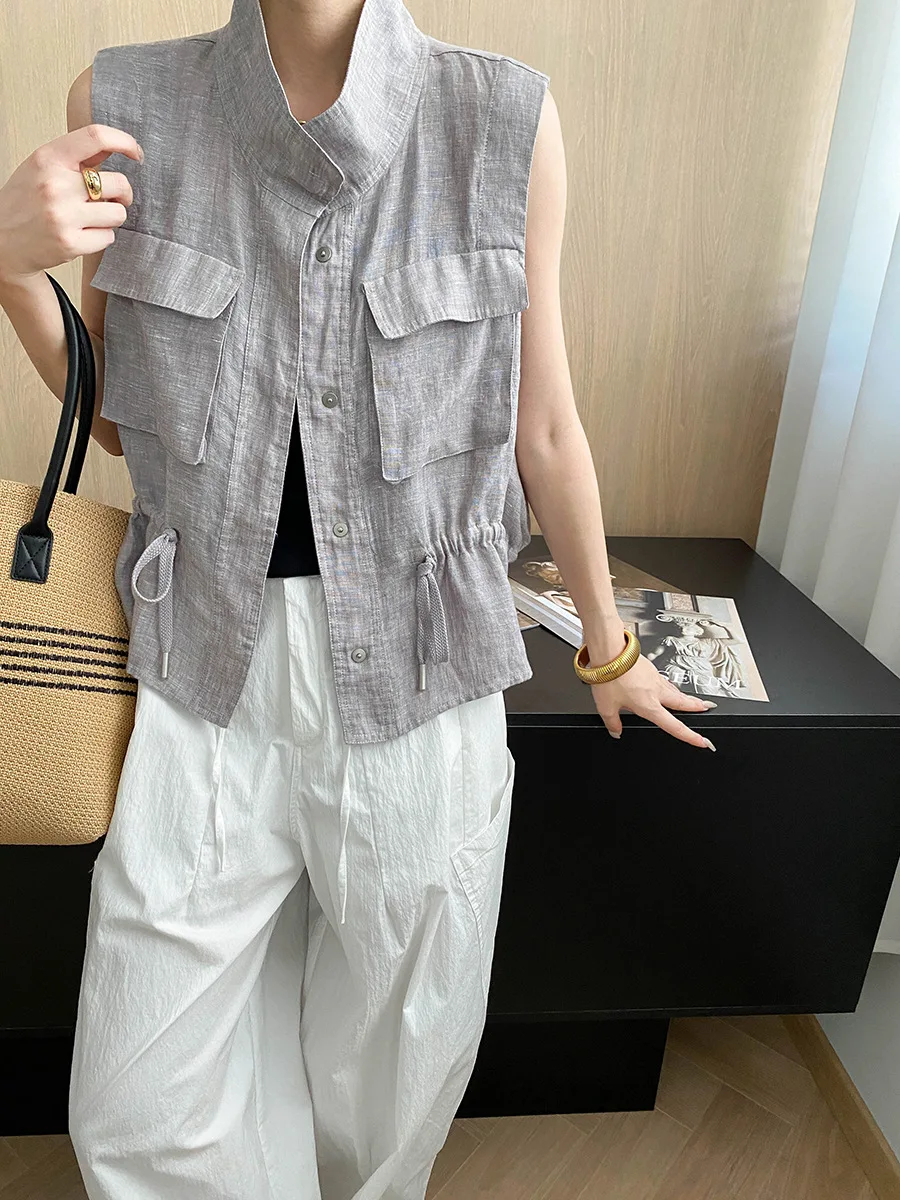 

Summer women's casual solid color stand up collar pocket decoration vest