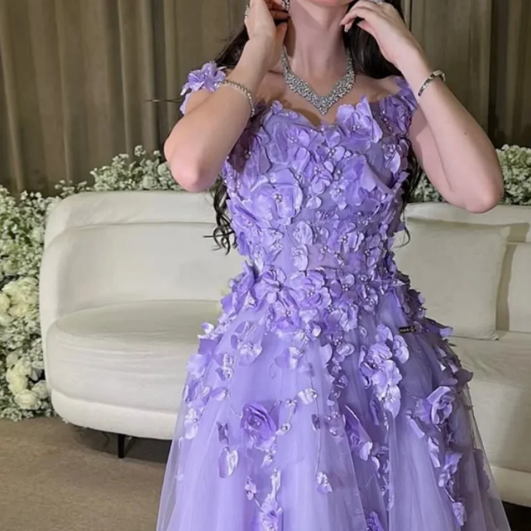 Amanda Aangepaste Paarse 3D Bloemen Prom Dress Spaghetti Vestidos De Noche Mesh Stof Vloerlengte Formele Avond 2025