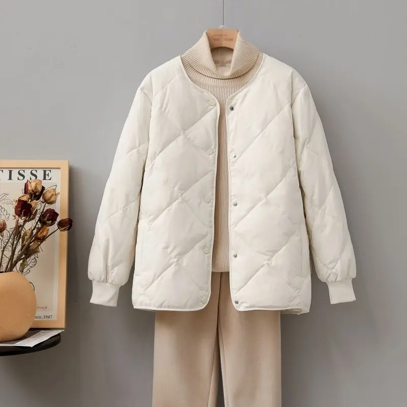 Solid Button O Neck Long Sleeve Parkas Elegant Fashion Harajuku Slim Fit Female Clothes Loose Casual Sweat All Match Outerwear