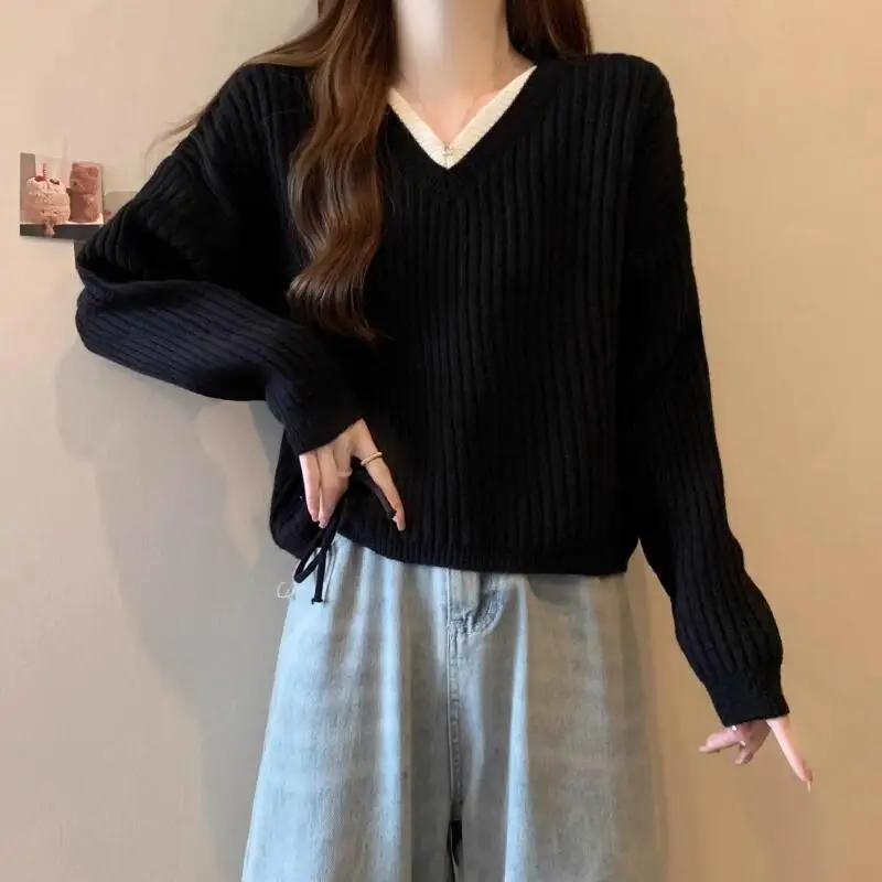 

Women's autumn winter French V-neck fake two-piece knitted drawstring tops high-end long-sleeved sweaterFashion Hot Style