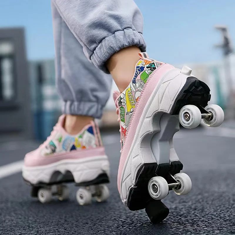 Dual-purpose Deformation Roller Skate Shoes with 4 Wheels Brake Head , Casual Parkour, Runaway Walking Sneakers, 3 Colors