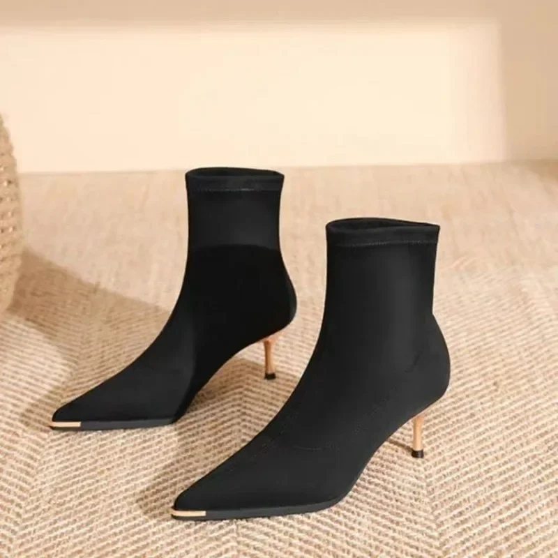 

Women Fall Winter 2025 New Tight Boots High Heels Booties French Metal Pointed Toe Stiletto Stretchy Socks Boots