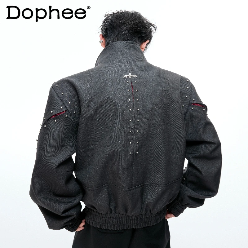 

Men's 2025 Autumn New Stand Collar Loose Stylish Jackets Men's Fashion Rivet Long Sleeve Cotton Jacket Male Handsome Zipper Tops