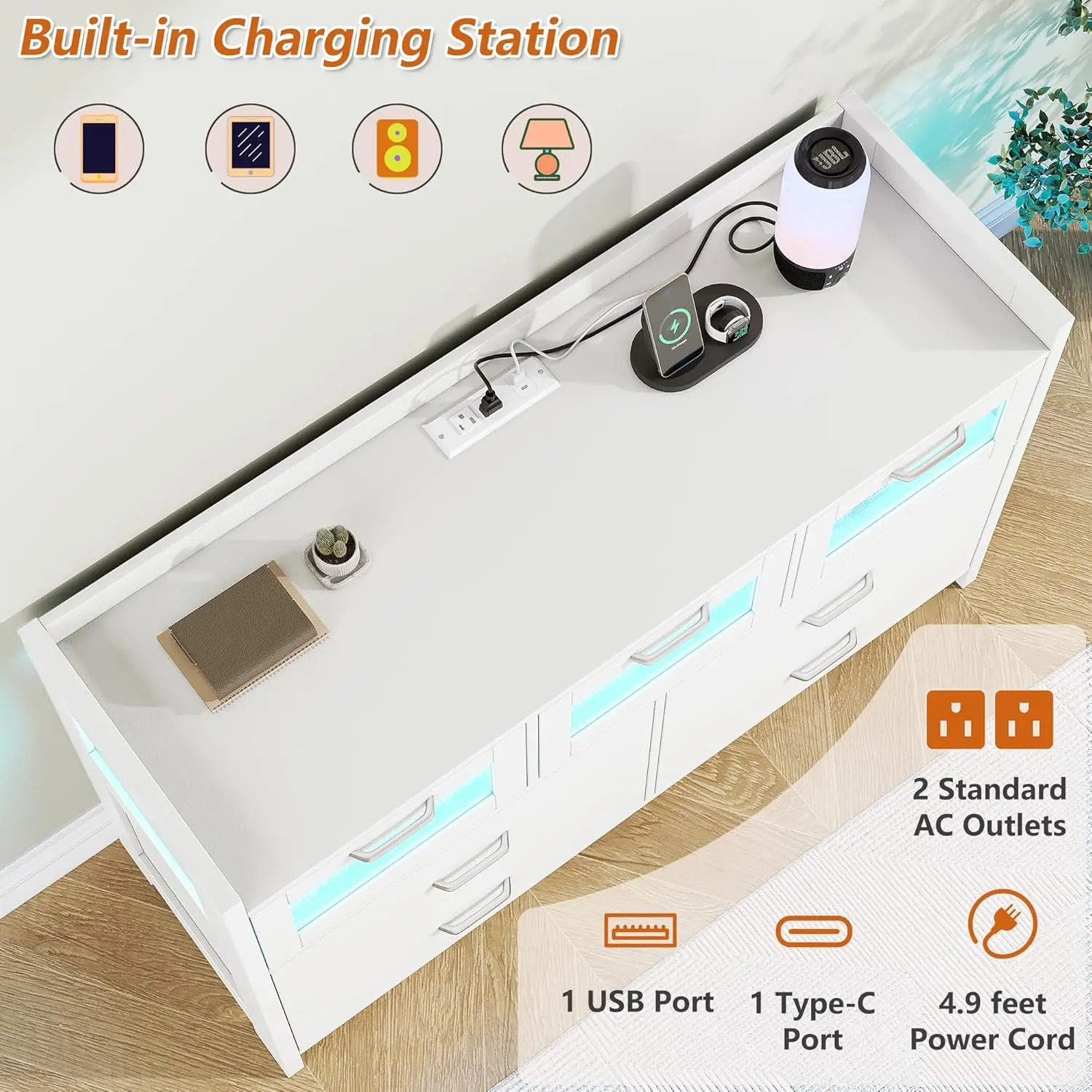 Tocador blanco para dormitorio, 7 cajones, luces Led y estación de carga, 3 visuales