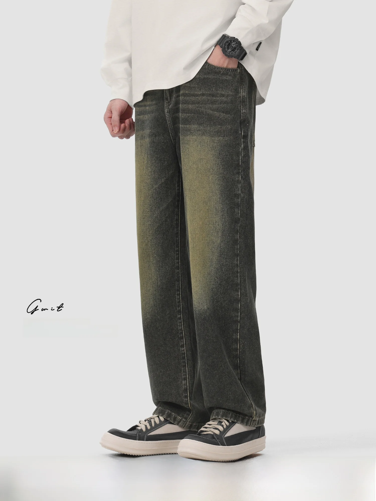 

GWIT American High Street Vintage Washed Heavyweight Spring Autumn Casual Men's Jeans Distressed Casual Wear Standard Fit