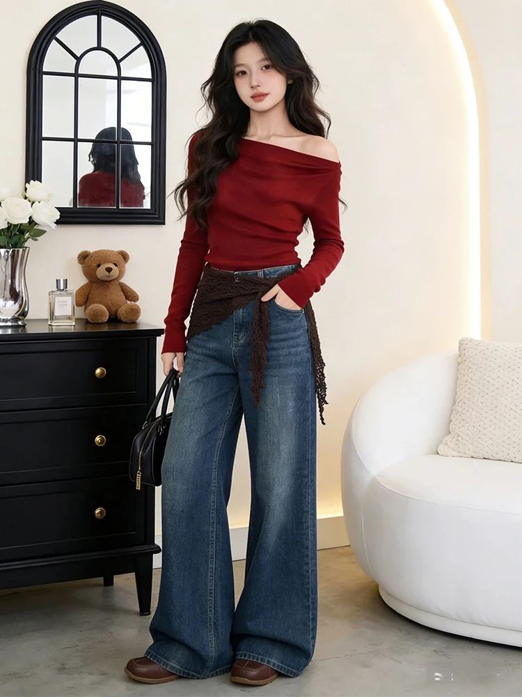 

Retro Hong Kong Sle Loose Wide Leg Denim Jeans Women's Spring New High Waist Straight Leg Trendy Trousers Casual Pure Color