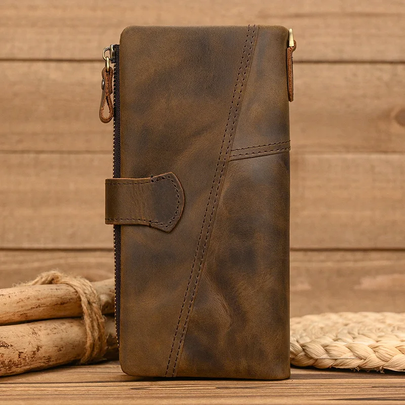 Genuine Leather Men long Wallet Multi Card Purse With Iron Chain Wrist Men Purse For 6 Inch Mobile Phone Pouch Coins Clip Cultch