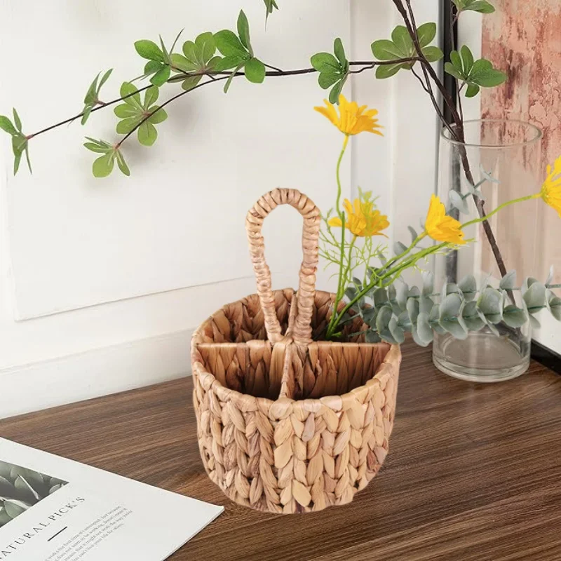 Rattan Wicker Storage Basket Hand Woven Flatware Organizer Round Storage Box Water Hyacinth Storage Basket Cutlery Holder