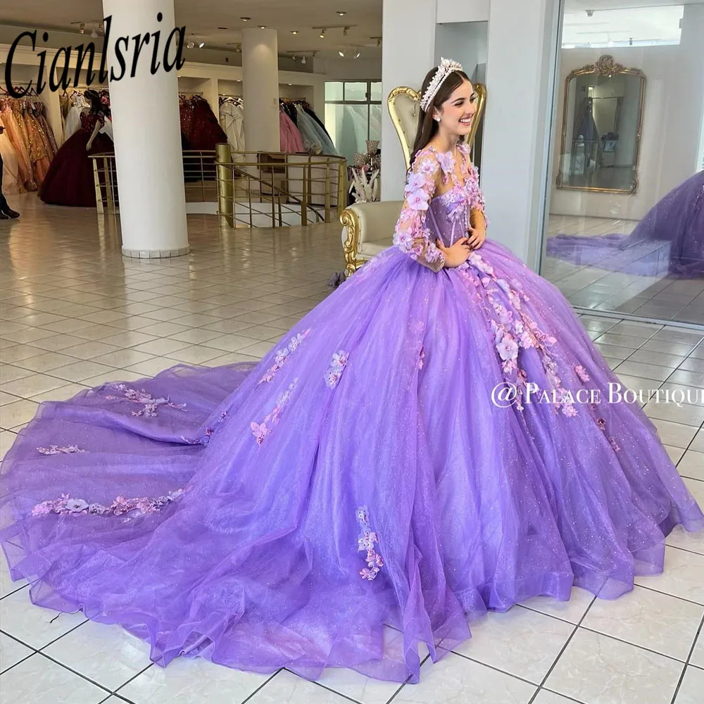 Quinceanera lilás vestido de baile renda, apliques frisados, doce 16 vestido, vestido de festa, 15 anos, 24 anos, 2024