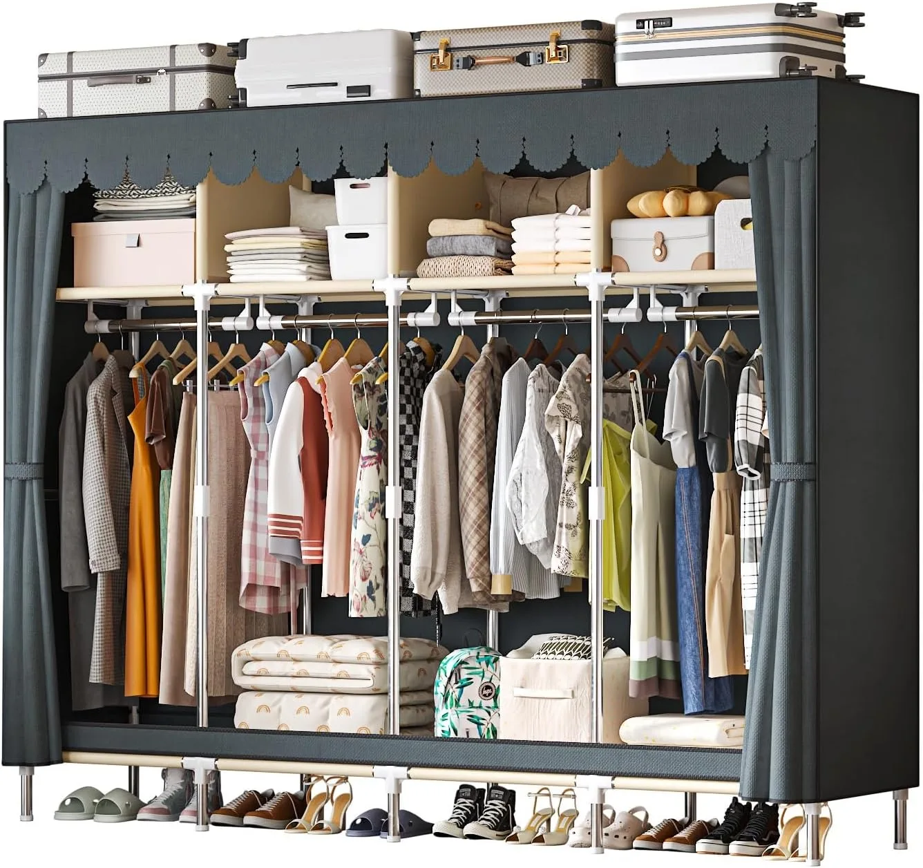 79 Inch Extra Wide Walk-in Style Portable Wardrobe Large Capacity Fabric Clothes Closet With Drawers & Full Dust Cover Multi-layer Garment Storage Organizer For Household Bedroom Dormitory Rental Room