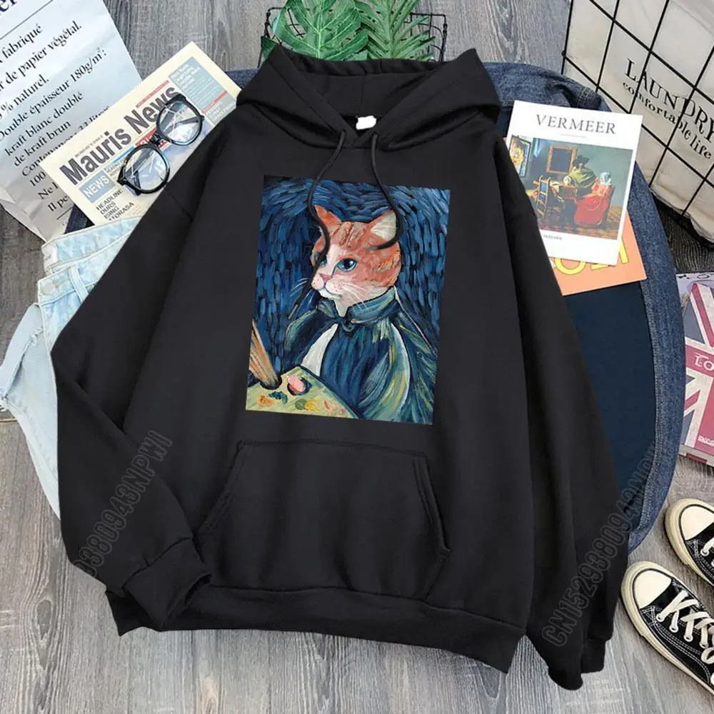 

Oil Painting Cat Print Hoodies Man Long Sleeve Pocket Sweatshirts Japan Anime Harajuku Vintage Hoody Autumn Streetwear