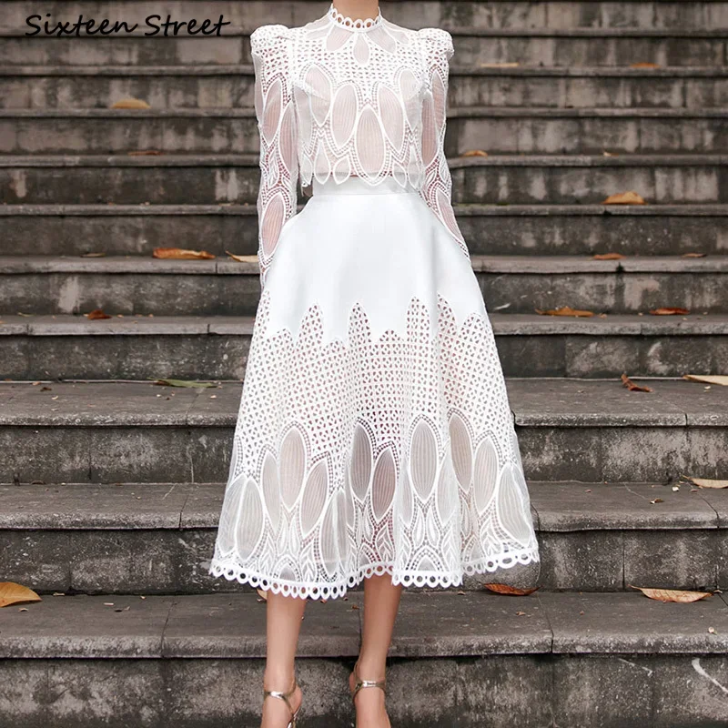 Conjuntos de 2 piezas de encaje blanco para mujer, Tops de flores bordadas Vintage + faldas de cintura alta para mujer, conjuntos de falda de diseño