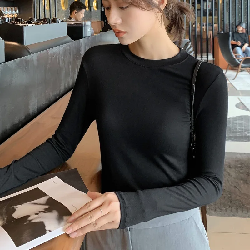 Spring Women's T-Shirts Full Sleeve Round Neck Modal Solid Color Elegant Chic Basic Tops Tees Office Ladies Autumn Blouse C4923 image 2