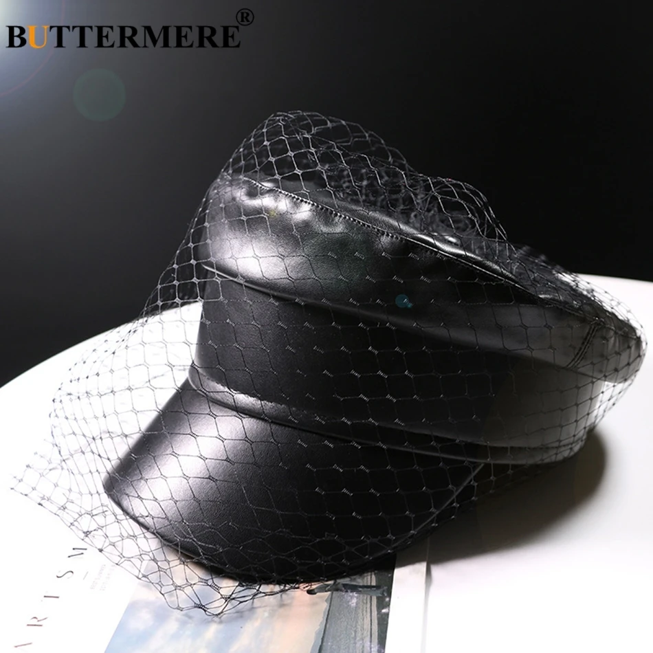 BUTTERMERE Leather Military Cap Women Black Captain Hat With Veil Elegant Solid Fiddler Cap Ivy Female Autumn Casual Sailor Caps