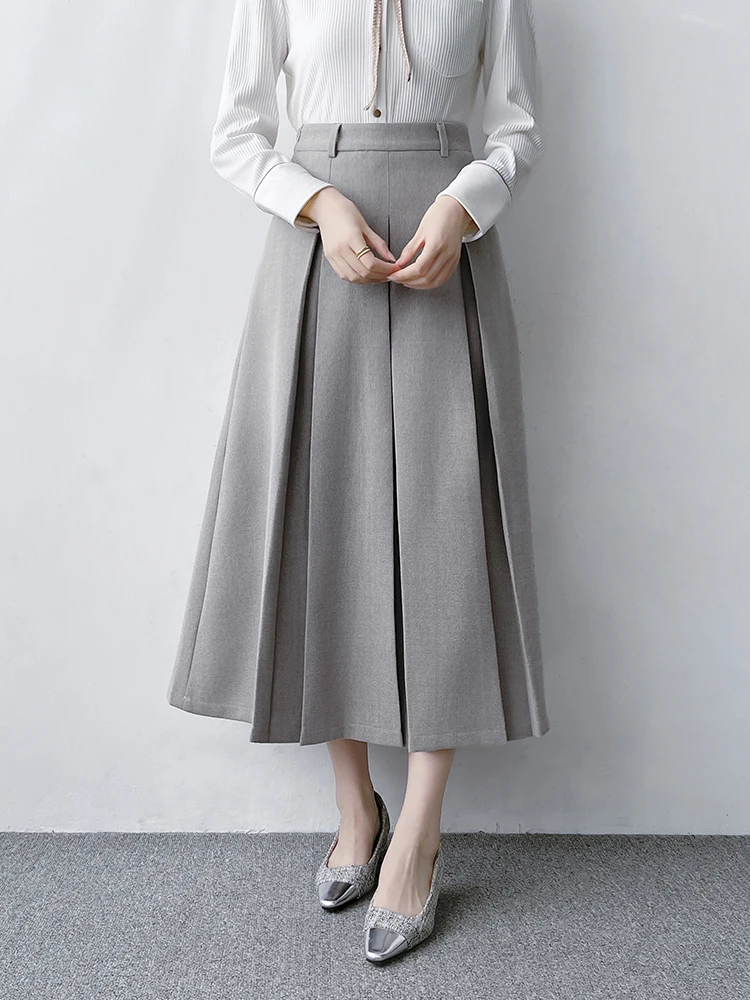 High Waist A-Line Pleated Skirt Grey Woolen Material Interview Commute Professional Women's Fashion Spring Autumn Skirt