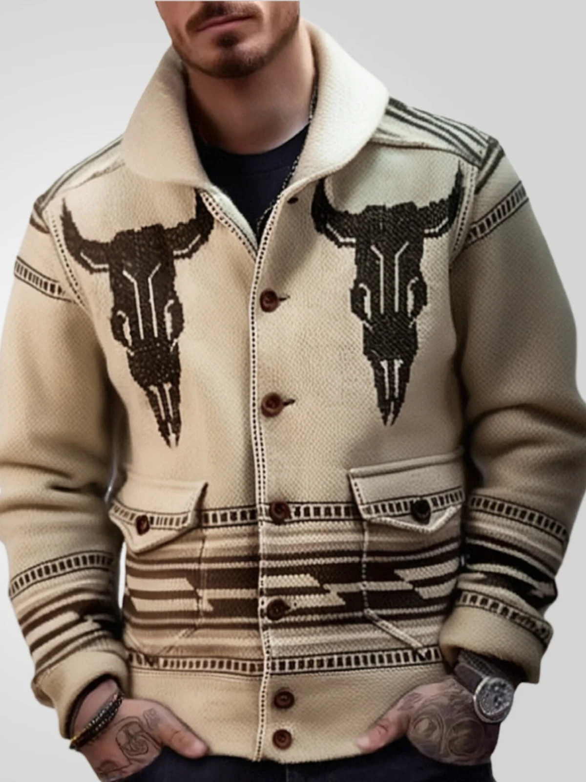 

SINRANSINYA Вязаный кардиган с длинными рукавами и цветочной вышивкой, повседневная верхняя одежда с отложным воротником для молодых мужчин, зимняя мода