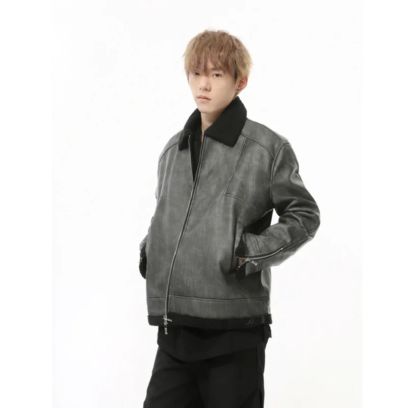 [OIMG] Men's Autumn New Product Korean Edition Splicing Color Contrasting Collar, Lamb Fleece Leather Short Coat Trendy