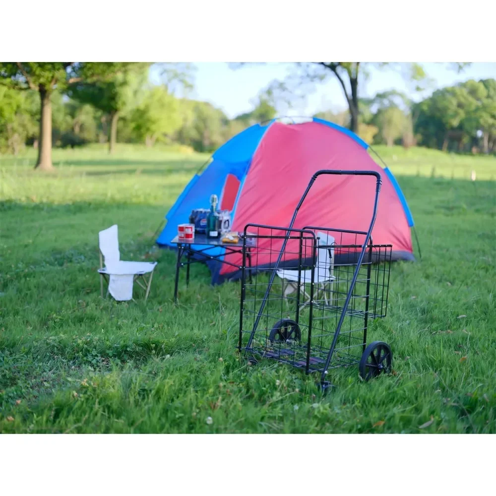 Jgreeting-Chariot de courses pliable, caddie pliable avec double panier et roues résistantes à 360, chariot utilitaire