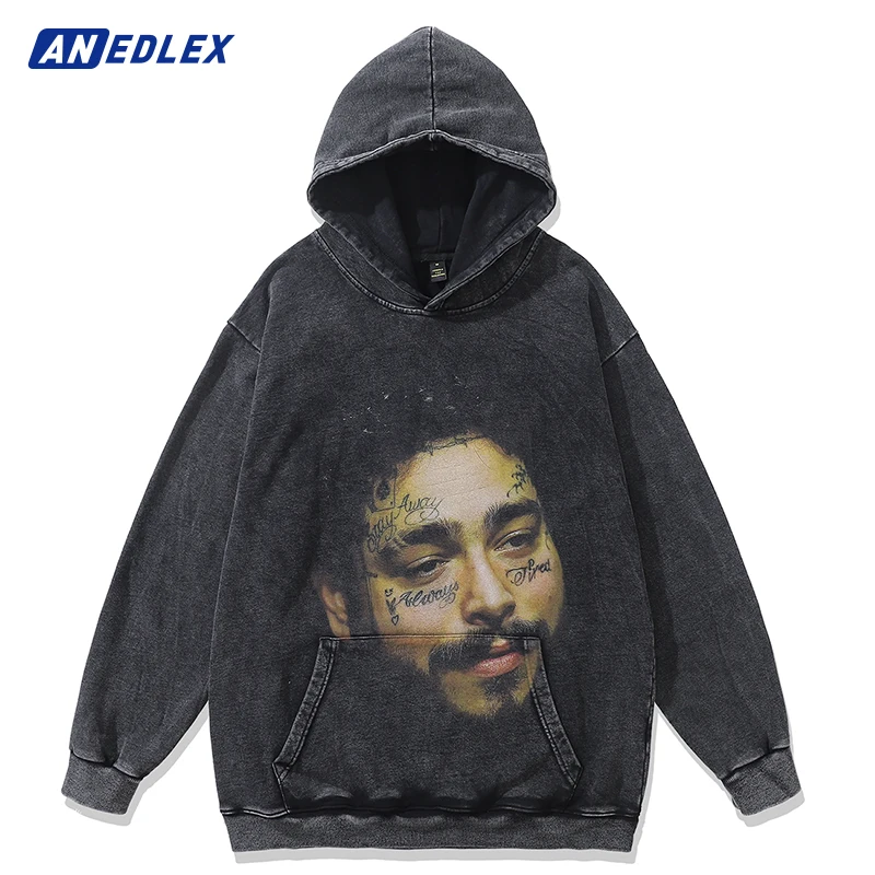 Hip Hop Streetwear Men Oversized Washed Hoodie Sweatshirt Portrait Graphic Print Hoodie Harajuku Cotton Vintage Hooded Pullover