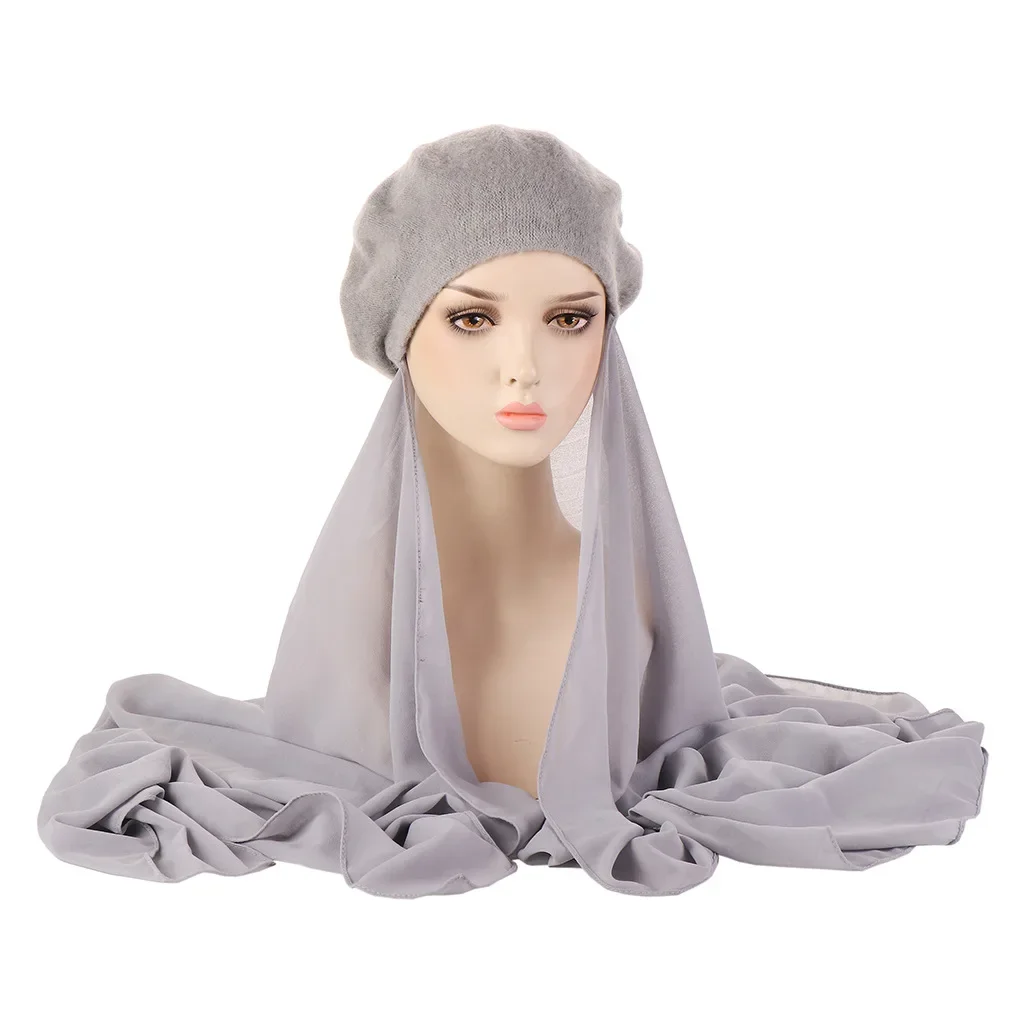 Muslim Women Chiffon Hijab Headscarf With Beret Cap Soft Bonnet Islamic Head Wrap Ready To Wear Instant Caps Turban Headwear