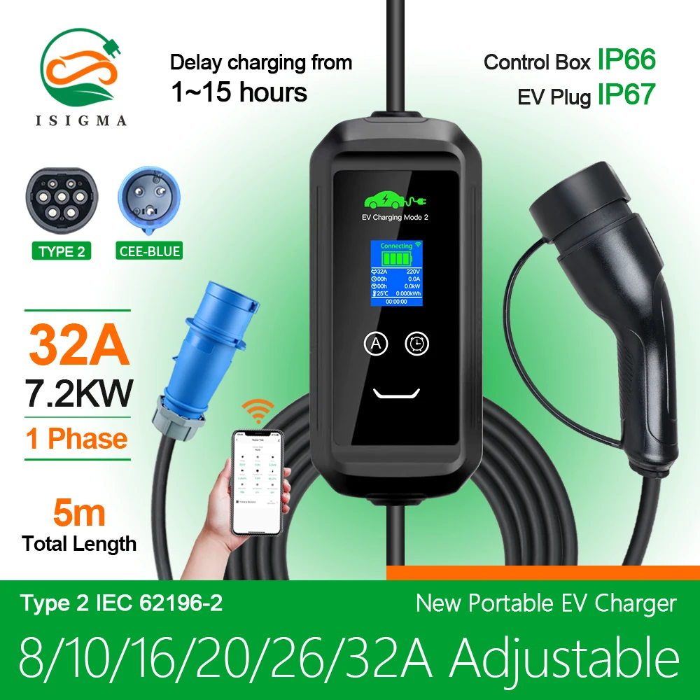 

ISIGMA APP EV Electric Car Charger Type2 Portable EV Charger 32A 7.2KW 5M EV Charging Cable Wallbox EVSE EV Charger