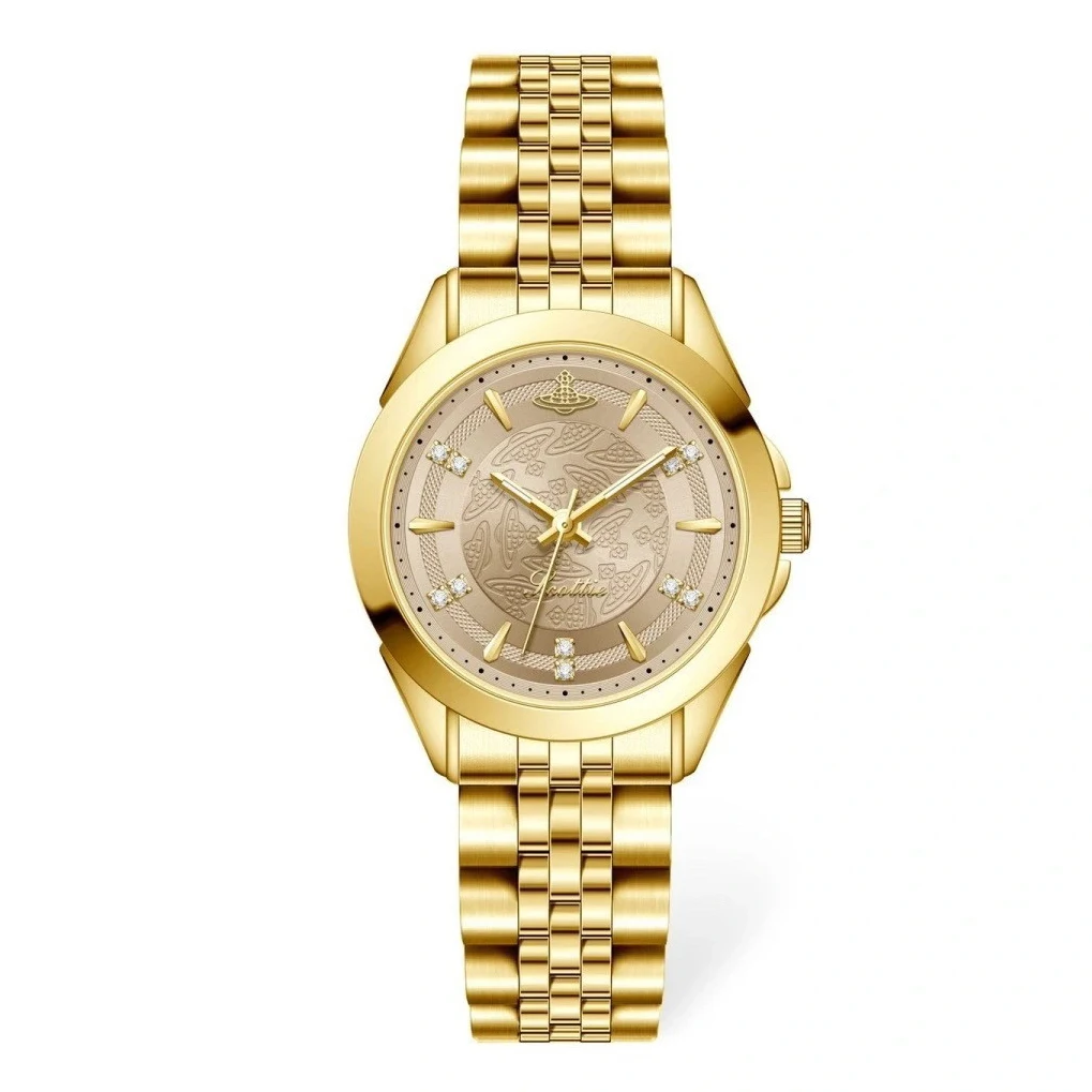 Scottie Women Luxury Watch Fashion Engraved Pattern Dial Crystal Women's Wristwatch Stainless Steel Vintage Gold Watch For Lady
