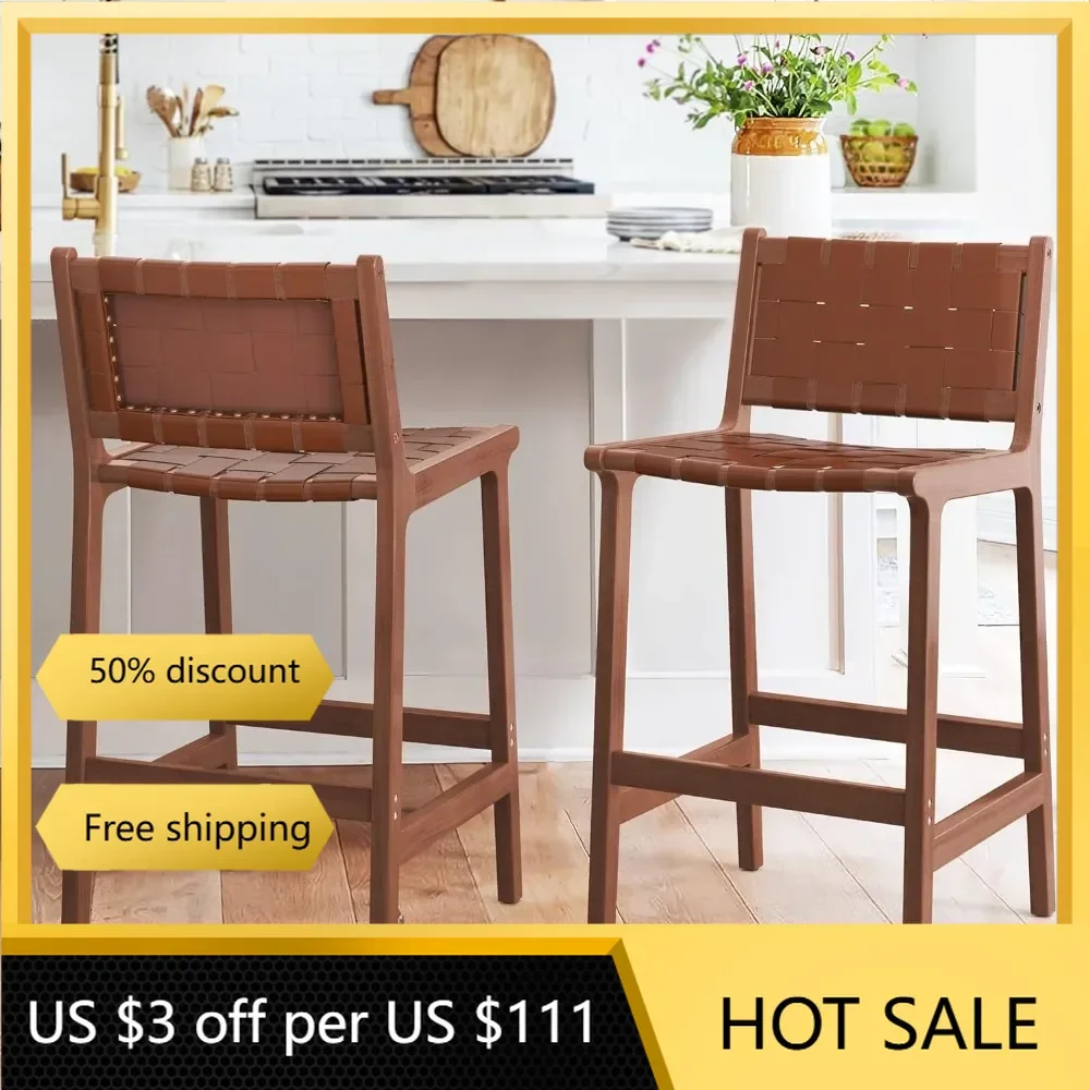 

Set of 2 Faux Leather Woven Counter Stool with Backs, Woven Strips Rattan Barstools with Wood Legs for Dining Room Home Kitchen