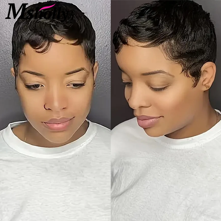 Peluca de cabello humano Remy brasileño para mujeres negras, corte Pixie, predesplumada corta, barata, 180% de densidad, hecha a máquina