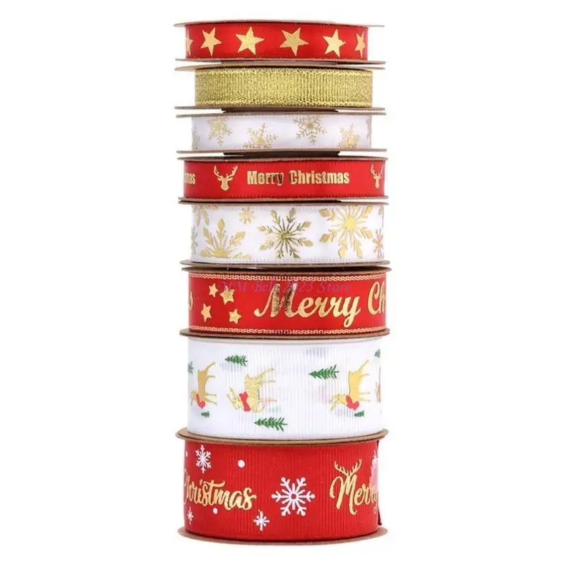 49ME 8 Patterns Ribbon Christmas Ribbon Printed Grosgrain Ribbon for Gift Wrapping Wedding Decoration Hair Bows DIY