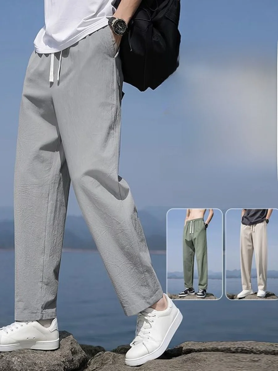 

Cotton Linen Men's Casual Pants Elastic Waist Thin Straight Leg Summer New Style Fashionable Nine Points Pants