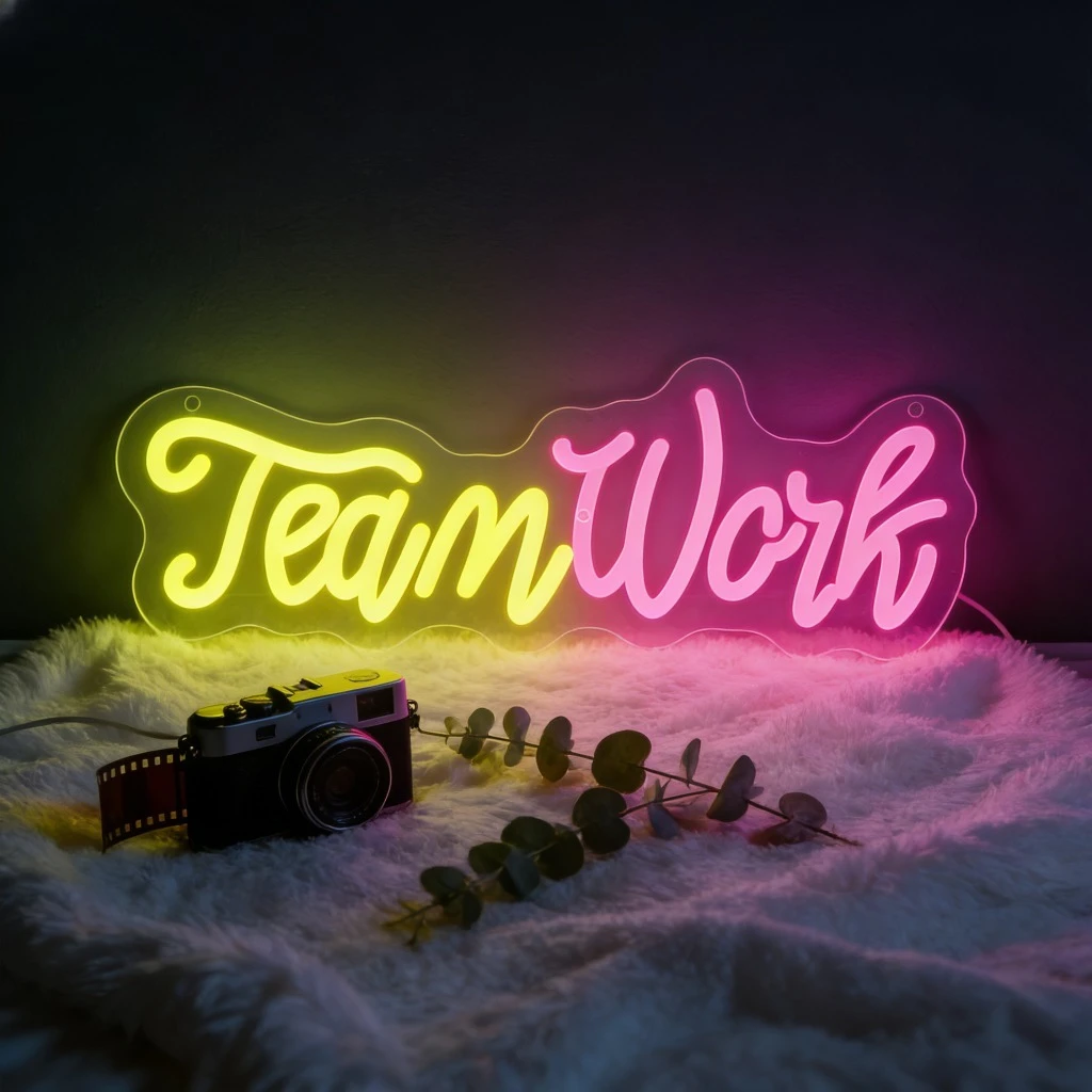 

Неоновая вывеска «Работа в команде»: Мотивационный и романтический светодиодный декор для дома, офиса, кафе, бара. Вдохновляющий подарок. Желто-розовый свет.