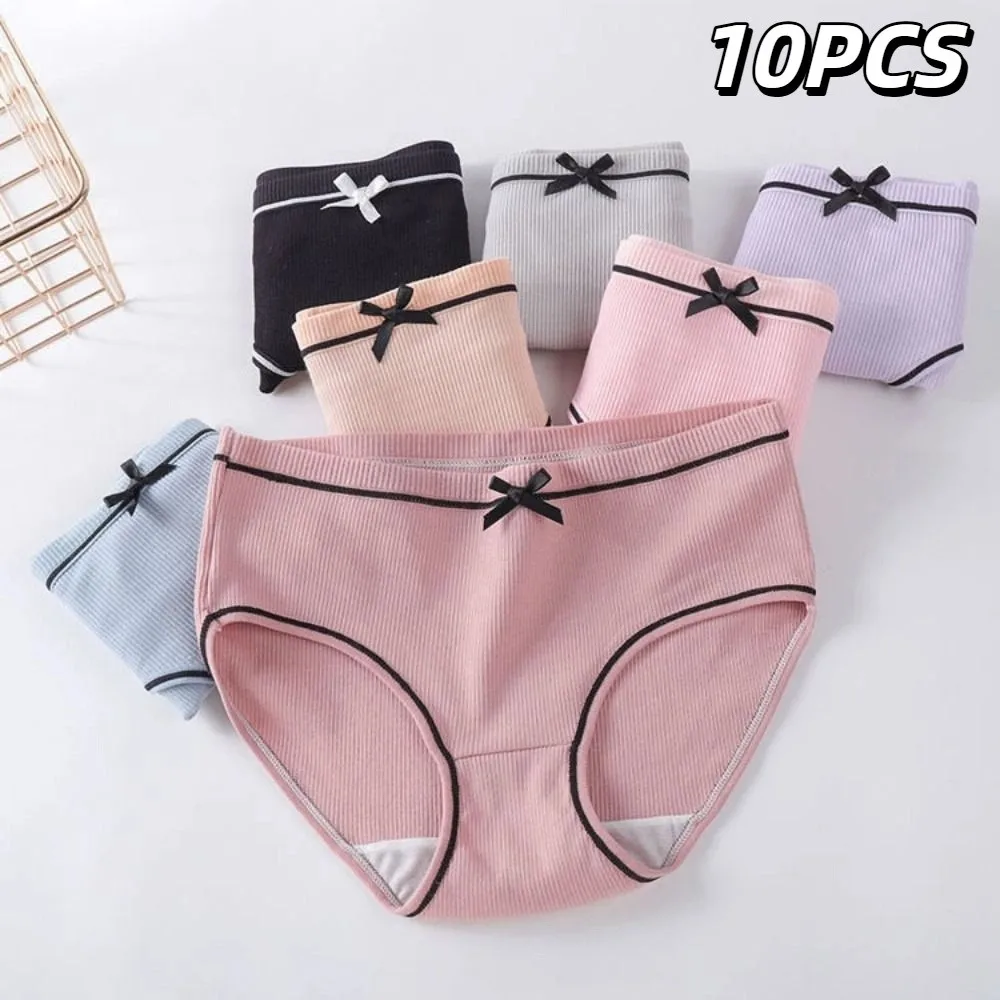 

10PCS Bowknot Solid Color Panties Stripe Underpants Underwear Women Female Lingeries Breathable Low Waist Briefs Four Seasons