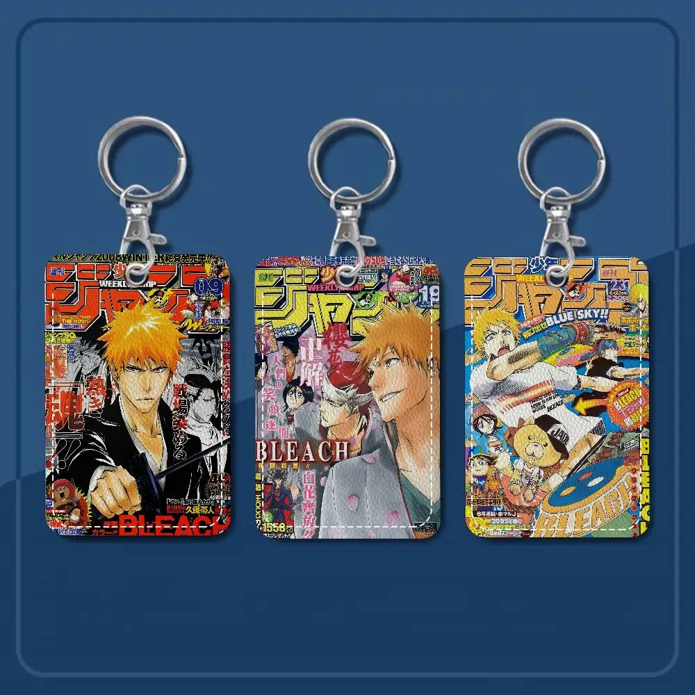 Anime Bleach 1Pc Access Card Case Leather Card Holder Keychain Key Ring Door Access Tags ID Card Case Keychain