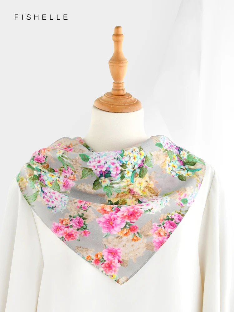 Magenta flowers grey 100% natural silk scarves crepe de chine square scarf  hijab shawl luxury gift 62*62 women wrap neckerchief