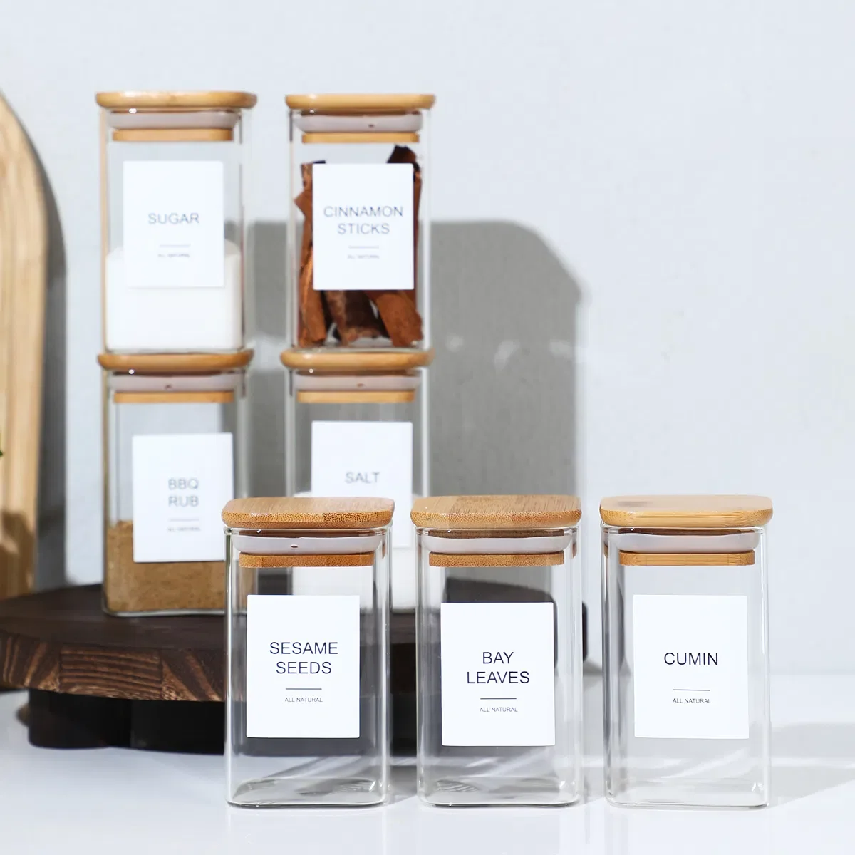 18 Stück quadratische Gewürzglas-Pfefferpulverflasche, 240 ml, Bambusholz, Glas, Gewürztank, quadratische Gewürzflasche