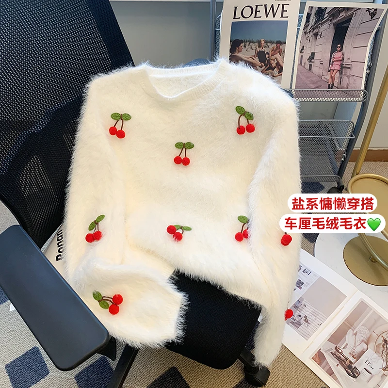 

Женский кашемировый пуловер из белой норки, свитер вишневого цвета, Harajuku, винтажный Y2k, теплые утепленные мохеровые свитера с длинными рукавами, одежда 2000-х годов
