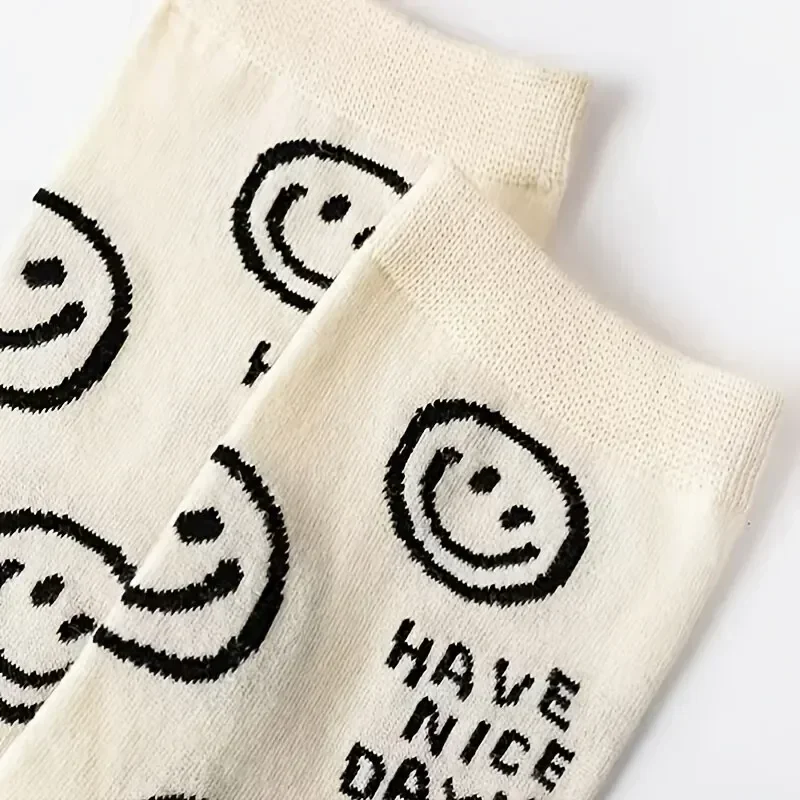 5 paires de chaussettes Happy Face Crew, chat de dessin animé, chaussettes mi-tube en coton respirant, bas et bonneterie pour femmes