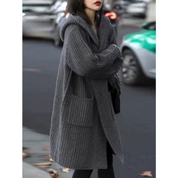 Cardigan europeo con cappuccio da donna di media lunghezza 100% cashmere maglione autunno e inverno sciolto cappotto maglione a vento pigro di fascia alta