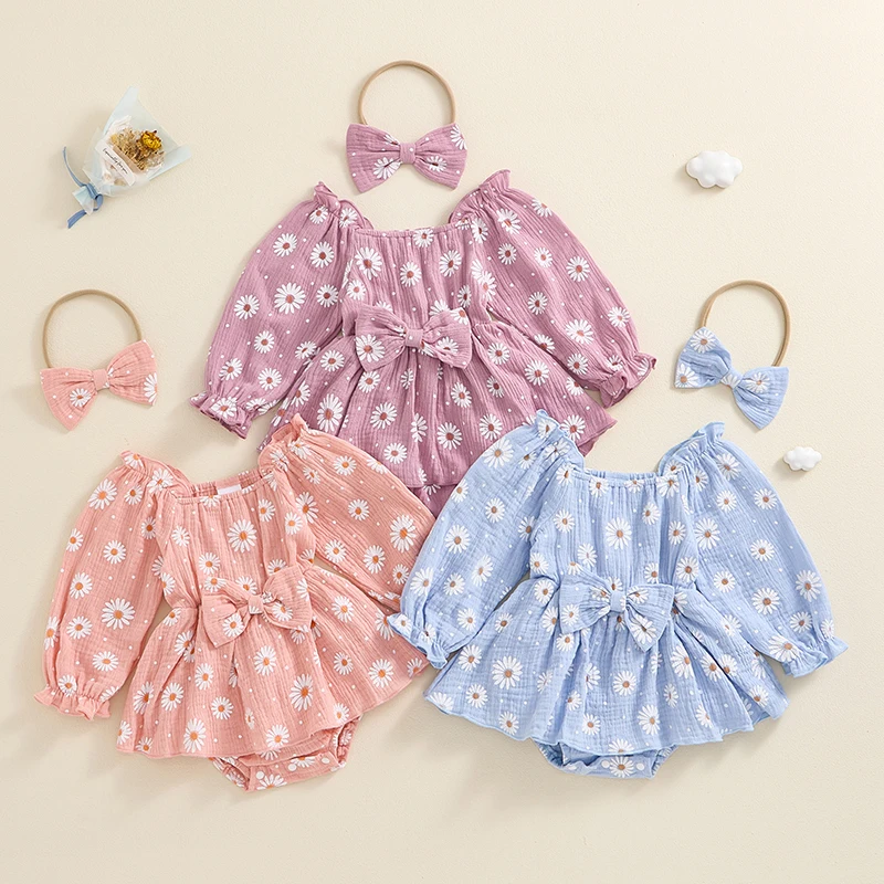 

Lovely Autumn Newborn Baby Girls Rompers Clothes Princess Infant Girls Ruffles Long Sleeve Bowkot Cotton Jumpsuits Headband 2pcs