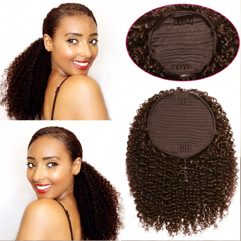 Afro Kinky Curly Brown Drawstring Ponytail for African Women Fluffy Pony Tails Hair Extensions Dark Brown Afro Kinky Curly Ponytail Hairpiece Brazilian Virgin Human Hair Dark Brown Deep Curly Fluffy Drawstring Ponytail Hair Extension for Daily Use