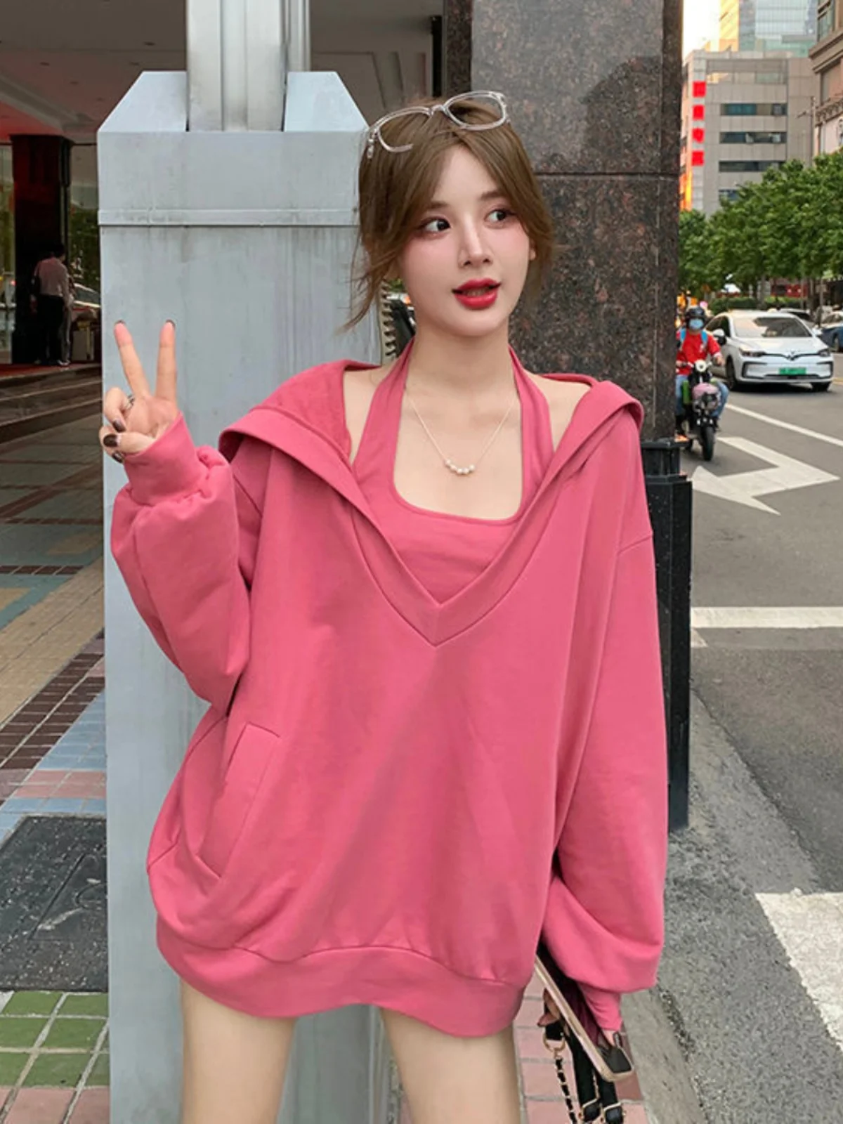 Set Dr Hoodie V-Ne Merah Muda Pakaian Wanita Musim Gugur Musim Dingin Sle Jalanan Mekanisme Jantung Anti Penuaan Set Dua Potong Trendi
