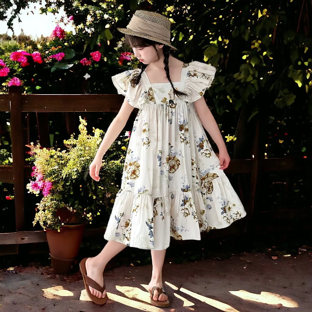 Baby Party Outfits Kids Flower Dresses for Girls Bohemia Maxi Petal Sleeve Dress Summer Children Costumes 6 7 8 9 10 12 13 Years