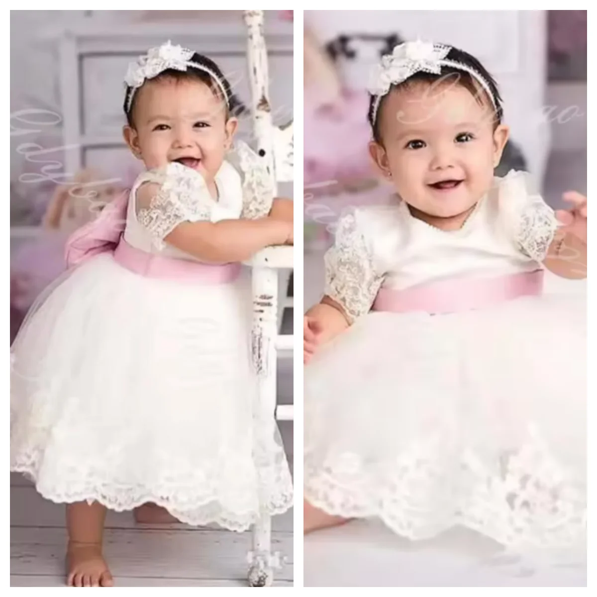 فستان بناتي للأطفال بأكمام منتفخة لحفلات الزفاف فستان فتاة الزهور مخصص مزين بالدانتيل بطول الشاي للأطفال الصغار ثوب تعميد #3