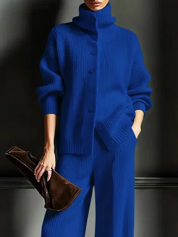 

Autumn Winter Solid New Commute Warm Outfits Lady Simple Slim 2 Piece Fashion Turtleneck Long Sleeve Knitted Sweater&Pants Sets