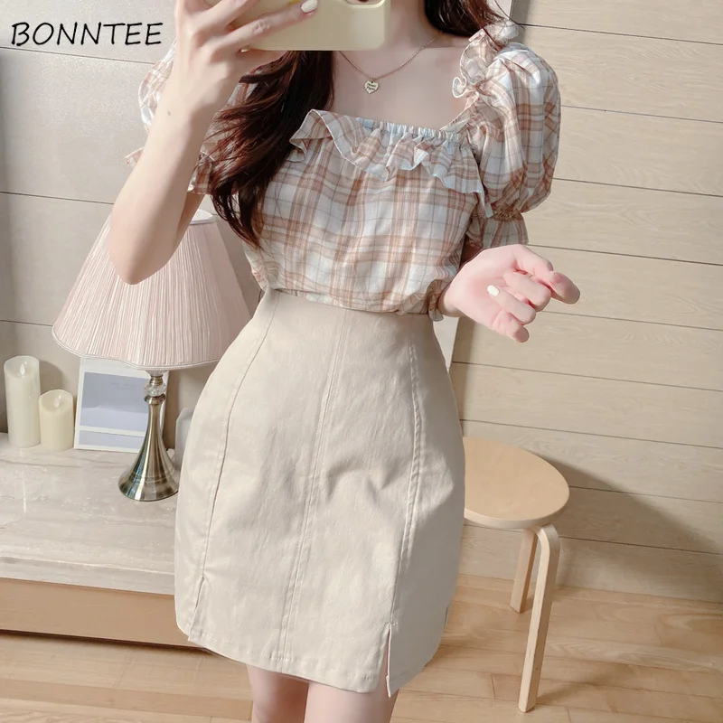 

Блузки с пышными рукавами, женские клетчатые повседневные девичьи летние тонкие Ulzzang с оборками в стиле ретро, горячая распродажа, милые консервативные молодые Camisa Feminina