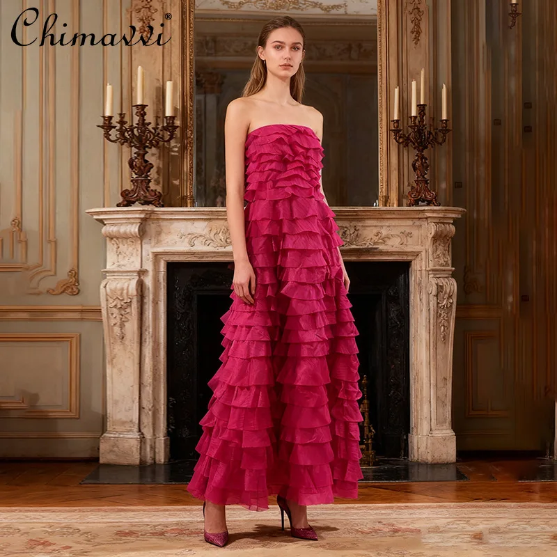 

American Elegant High-end Celebrity Sleeveless Strapless Long Dress Mesh Ruffled Solid Color Evening Dress for Women 2026 Summer