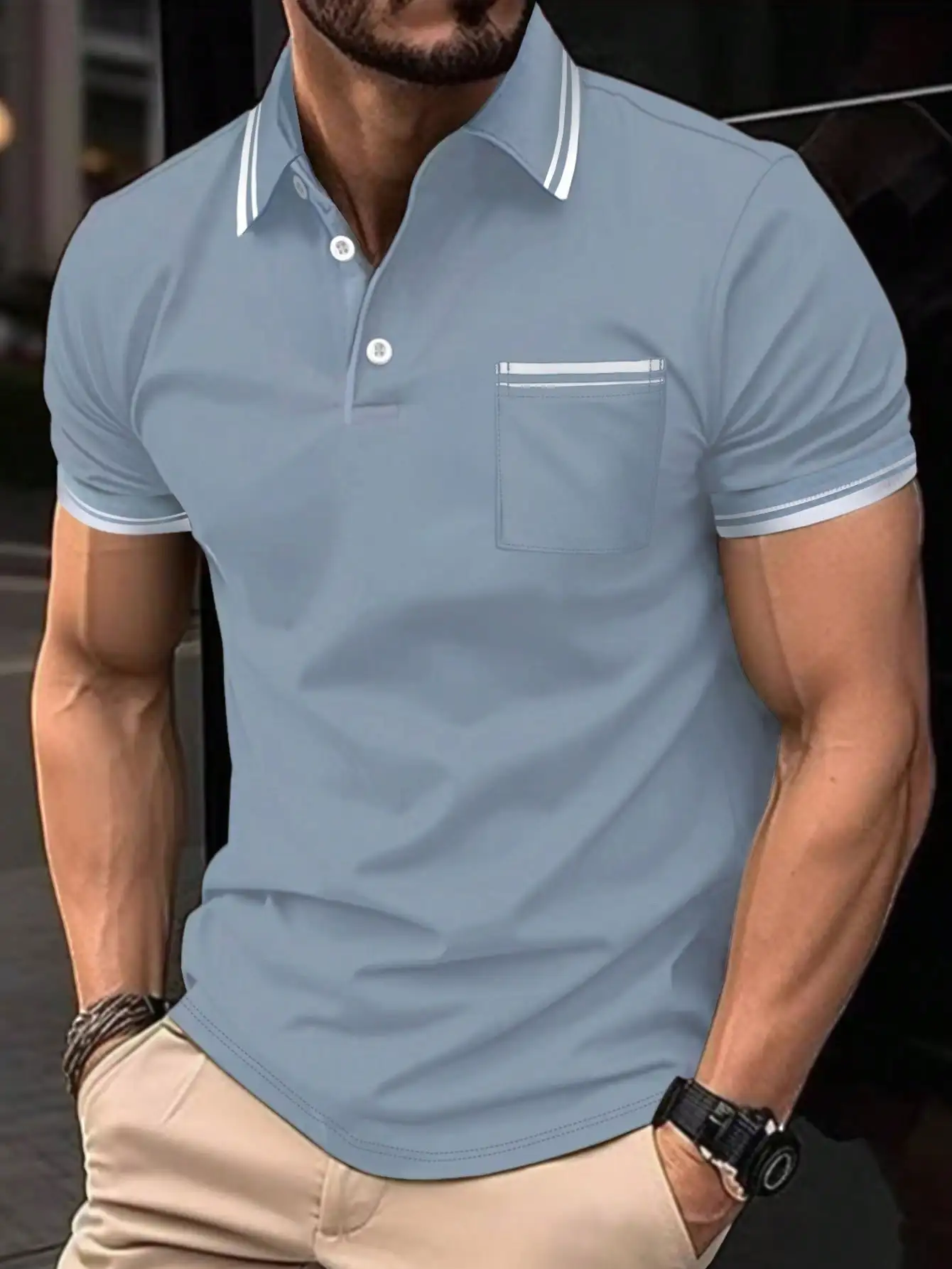

Men's Light Blue Short Sleeve Polo Shirt with Contrast Trim and Chest Pocket