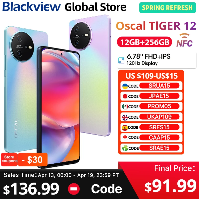 Blackview OSCAL TIGER 12 Smartphone NFC 6.78'' FHD+ IPS 2.4K 120Hz Display 12GB 256GB 64MP Camera 5000mAh Battery cellphone