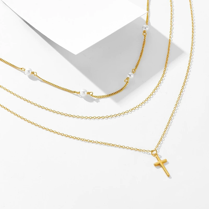 Fashionable vintage pearl cross pendant sterling silver necklace for women, fashionable vintage layered stacking collar chain