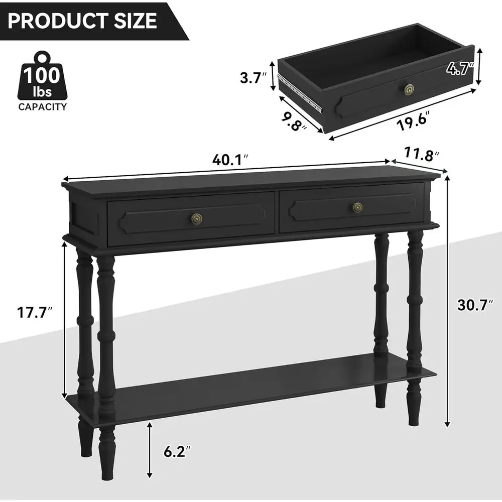ole Table with 2 Ders & Open Shel, Black Retro Entryway Table with Storage Cabi, Narrow Long Couch Table Behind Soa or Living Ro